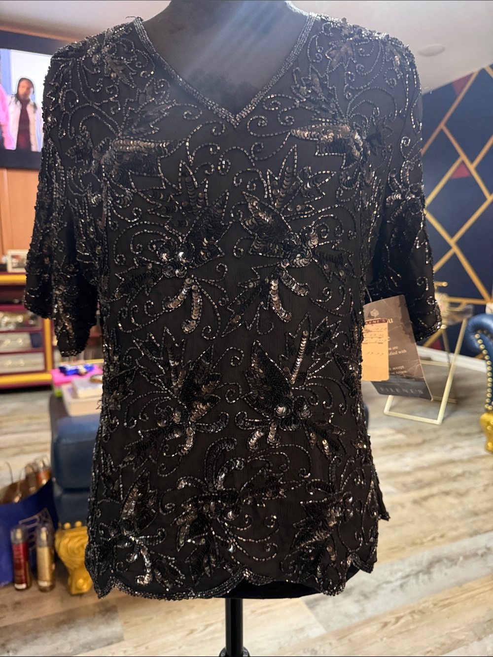 DEADSTOCK****Black Beaded/Sequin Vintage Stenay Blouse New w/Tags